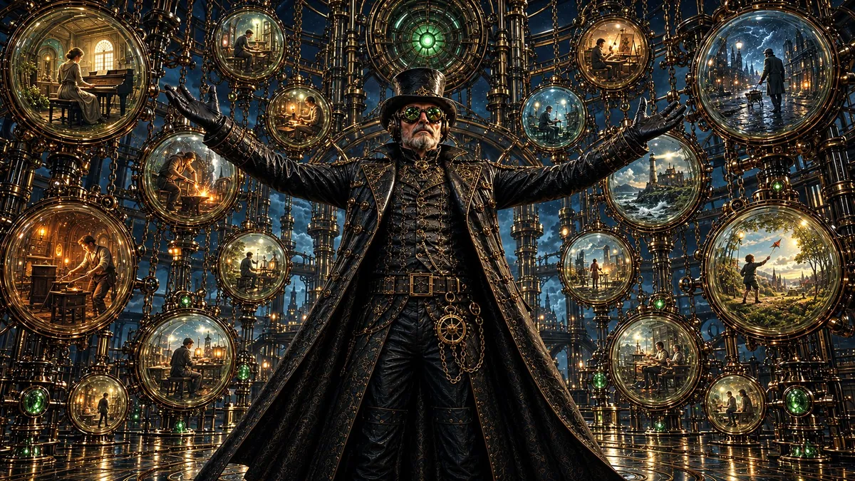El creador con sus gafas, rodeado de esferas