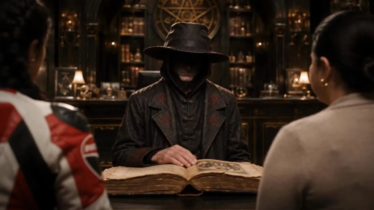 Dorian tras el mostrador de su librería, con un libro antiguo abierto